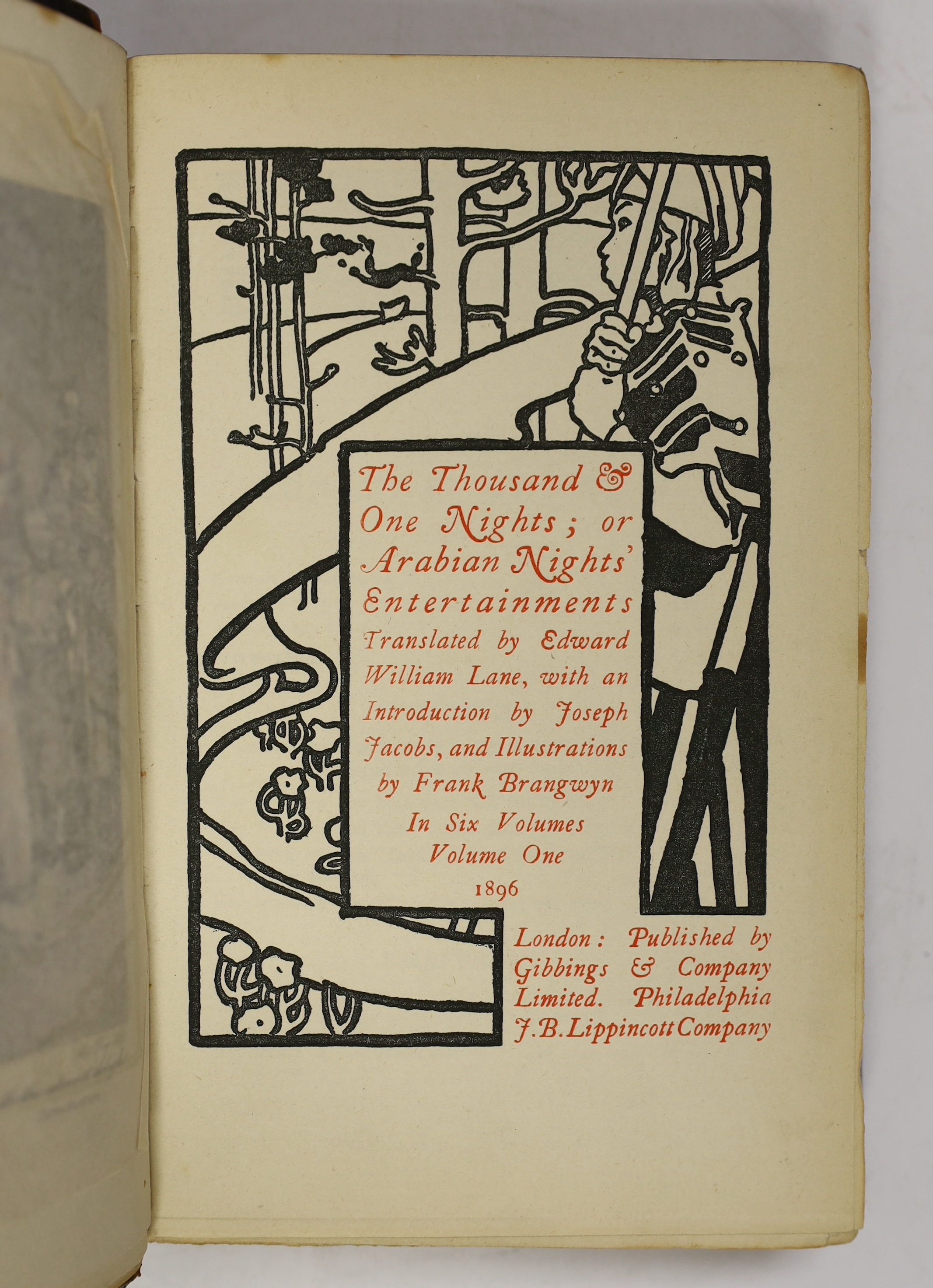 The Thousand and One Nights; or Arabian Nights' Entertainments. Translated by Edward William Lane....and illustrated by Frank Brangwyn. 6 vols. pictorial titles (printed in red), 36 plates, decorated half titles; contemp